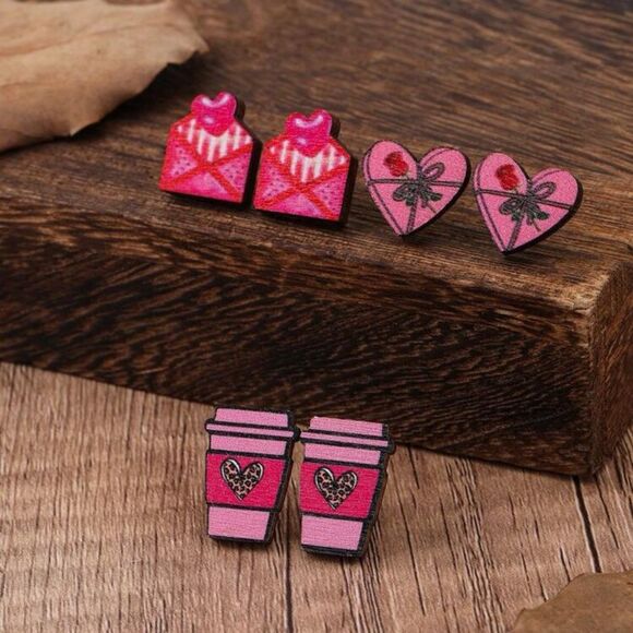 Valentine’s Romantic Wood Handmade 3 Piece Set Love Coffee Cup Stud Earrings - Picture 2 of 4